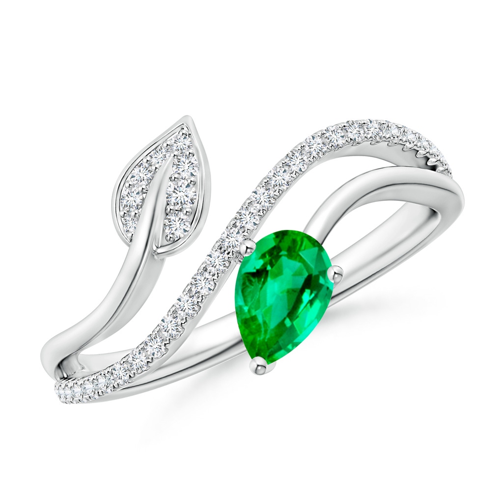6x4mm AAA Emerald and Diamond Bypass Ring with Leaf Motif in White Gold