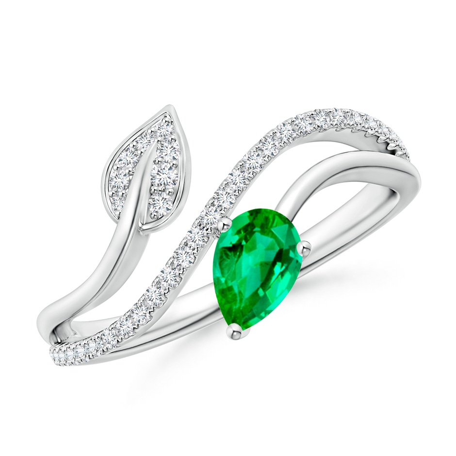 6x4mm AAA Emerald and Diamond Bypass Ring with Leaf Motif in White Gold 