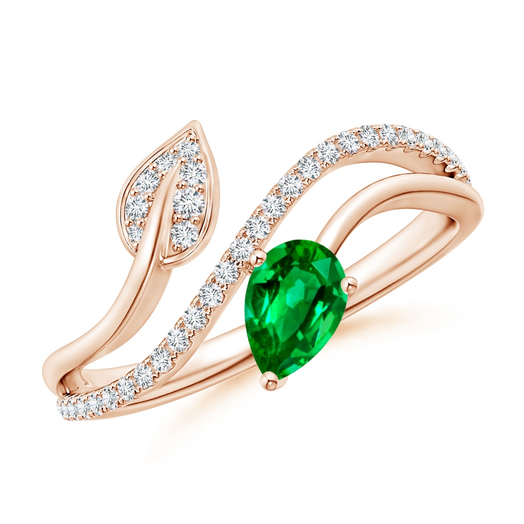 6x4mm AAAA Emerald and Diamond Bypass Ring with Leaf Motif in Rose Gold