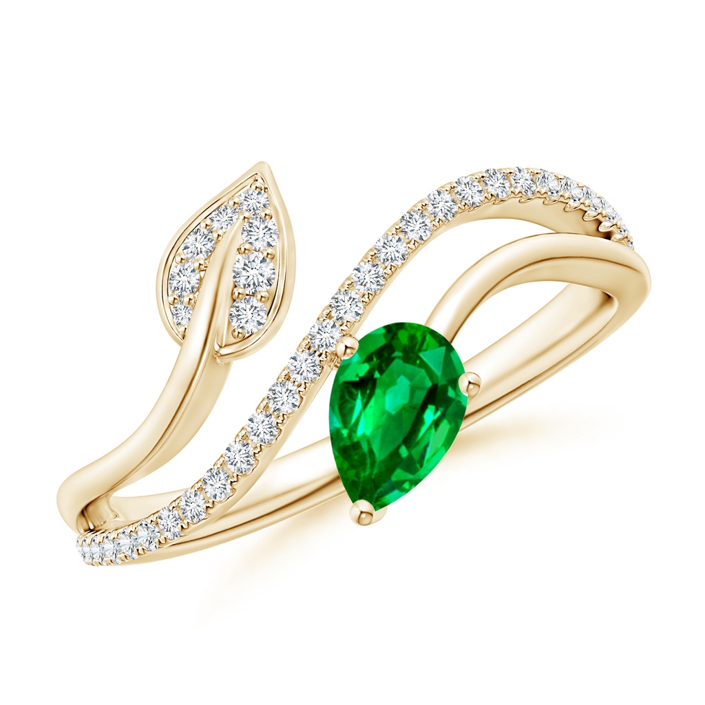 6x4mm AAAA Emerald and Diamond Bypass Ring with Leaf Motif in Yellow Gold