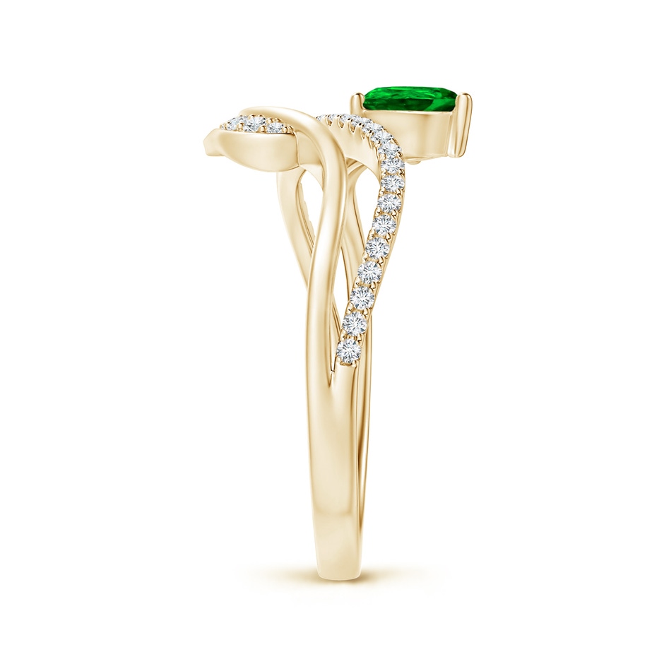 6x4mm AAAA Emerald and Diamond Bypass Ring with Leaf Motif in Yellow Gold side-2