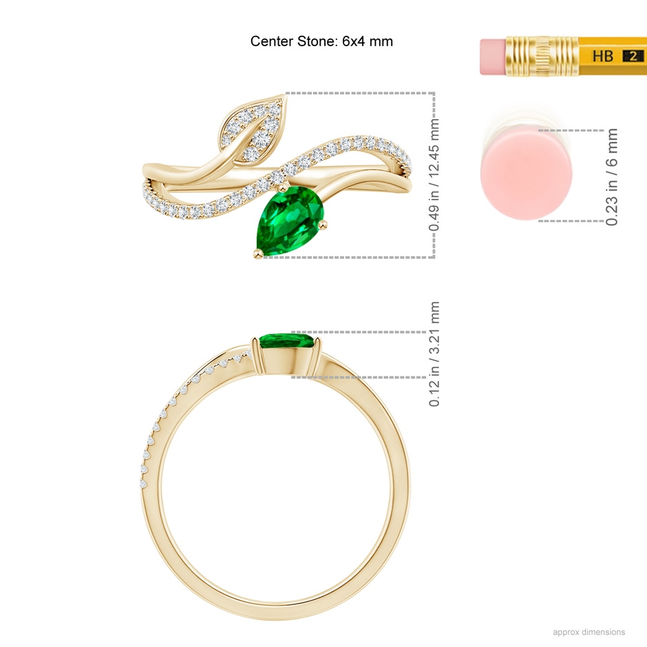 6x4mm AAAA Emerald and Diamond Bypass Ring with Leaf Motif in Yellow Gold ruler