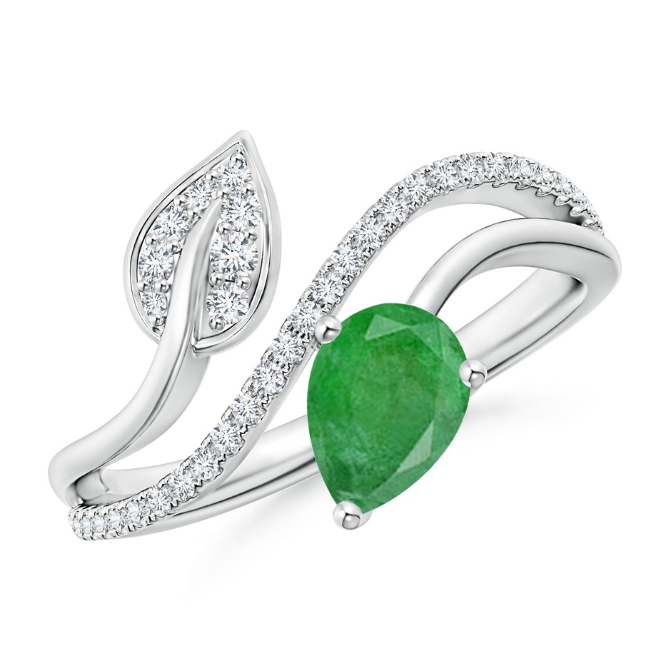 7x5mm A Emerald and Diamond Bypass Ring with Leaf Motif in White Gold 