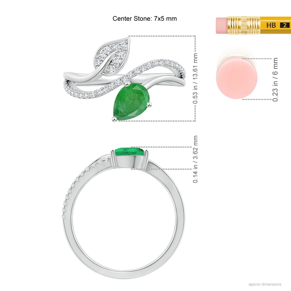 7x5mm A Emerald and Diamond Bypass Ring with Leaf Motif in White Gold Ruler