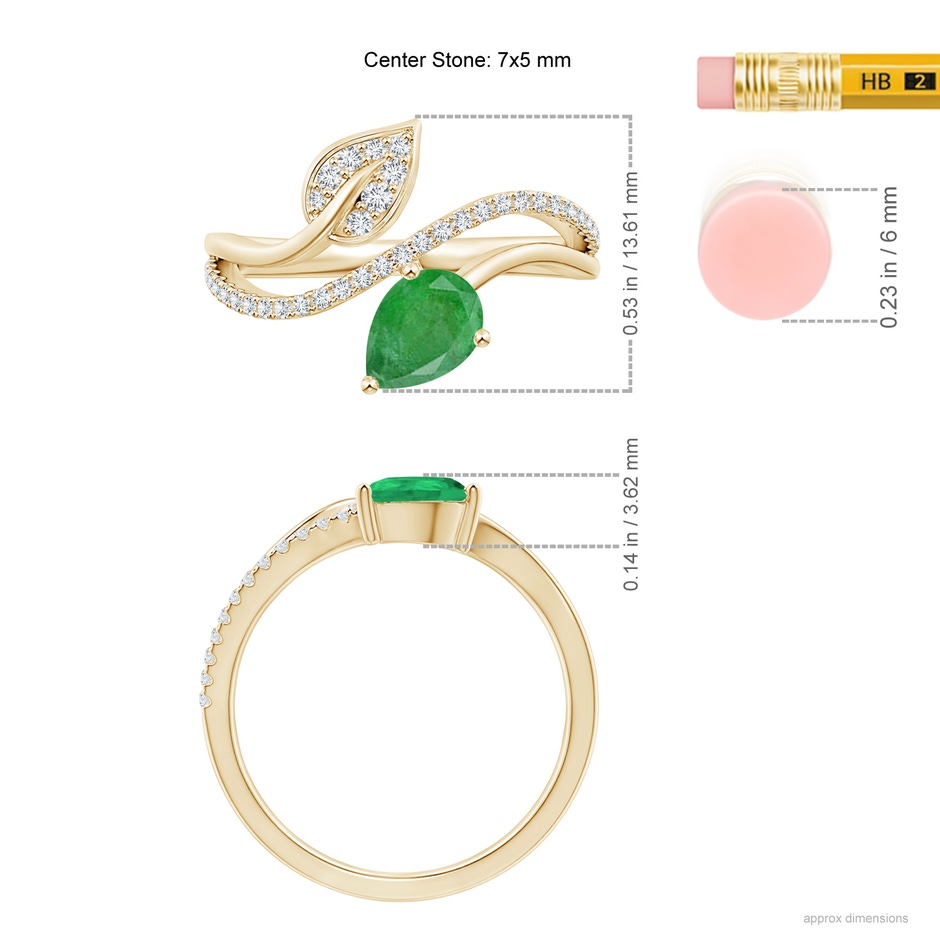 7x5mm A Emerald and Diamond Bypass Ring with Leaf Motif in Yellow Gold ruler