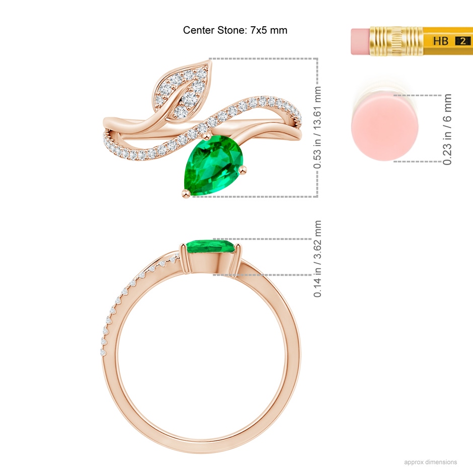 7x5mm AAA Emerald and Diamond Bypass Ring with Leaf Motif in Rose Gold Ruler
