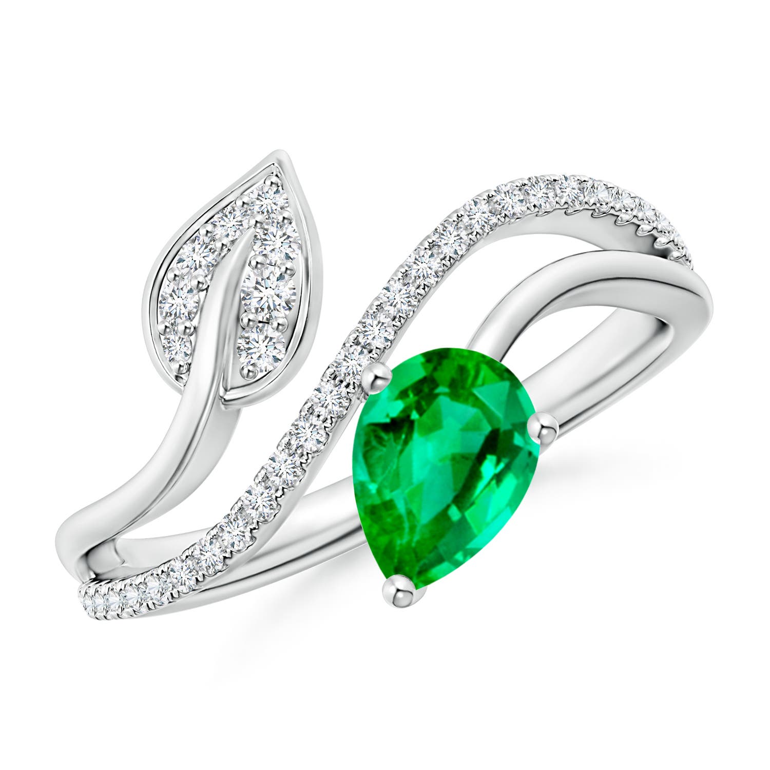 Emerald and Diamond Bypass Ring with Leaf Motif