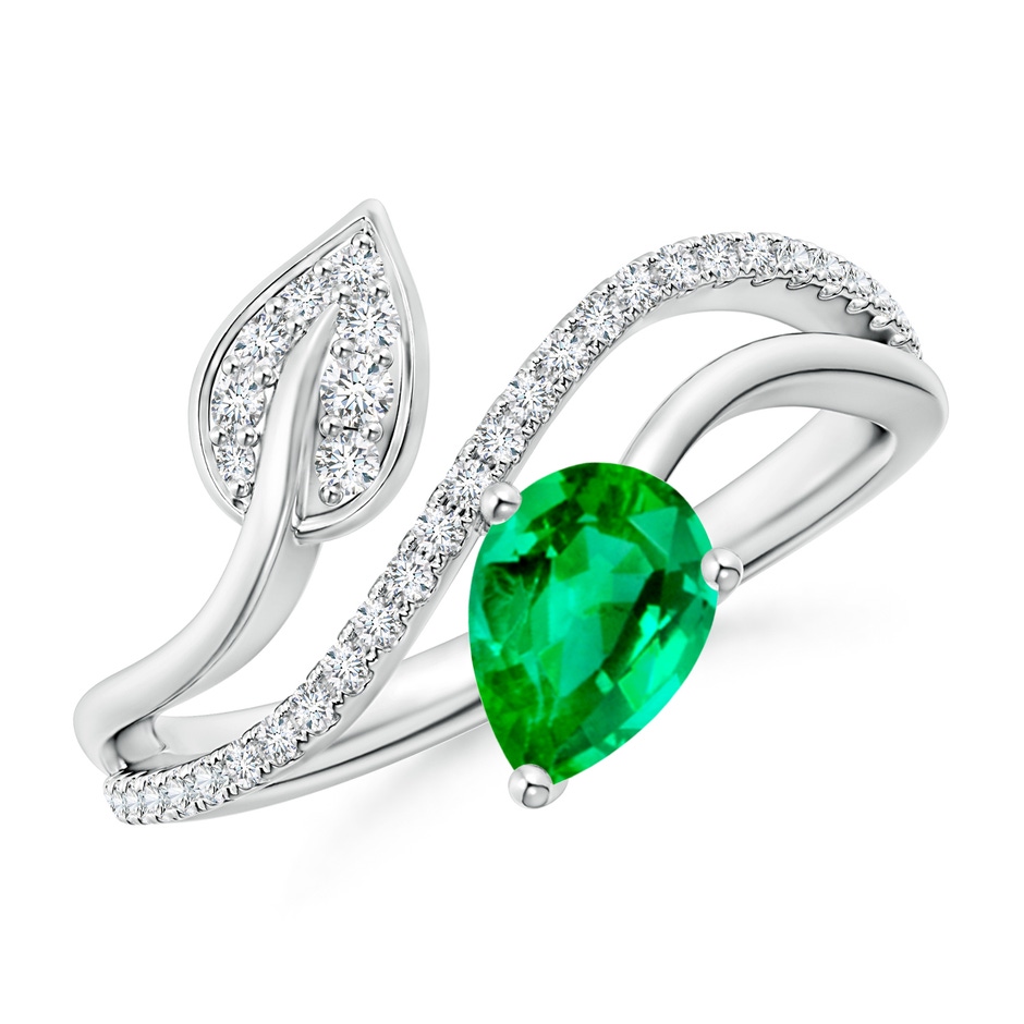 7x5mm AAA Emerald and Diamond Bypass Ring with Leaf Motif in White Gold 