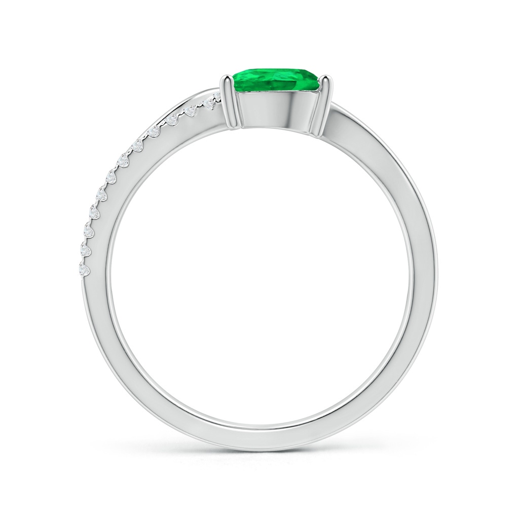 7x5mm AAA Emerald and Diamond Bypass Ring with Leaf Motif in White Gold Side-1