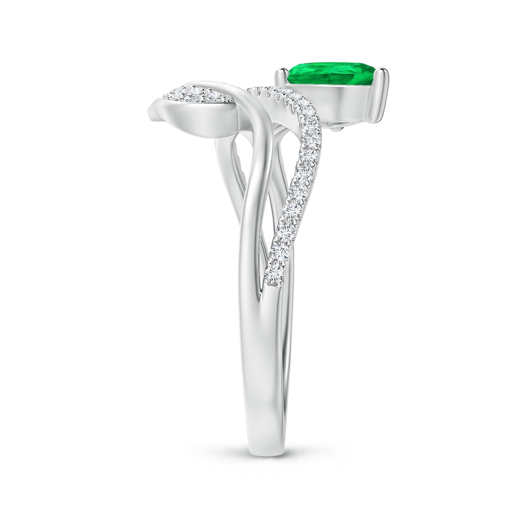 7x5mm AAA Emerald and Diamond Bypass Ring with Leaf Motif in White Gold Side-2
