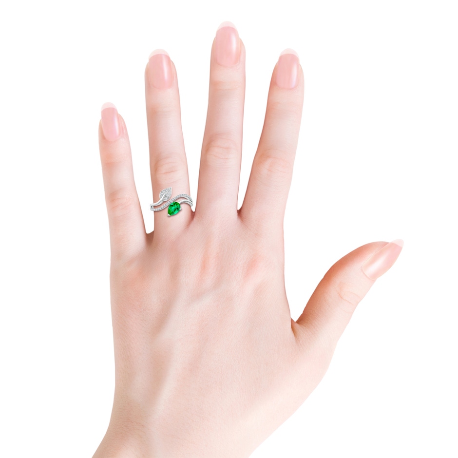 7x5mm AAA Emerald and Diamond Bypass Ring with Leaf Motif in White Gold Body-Hand