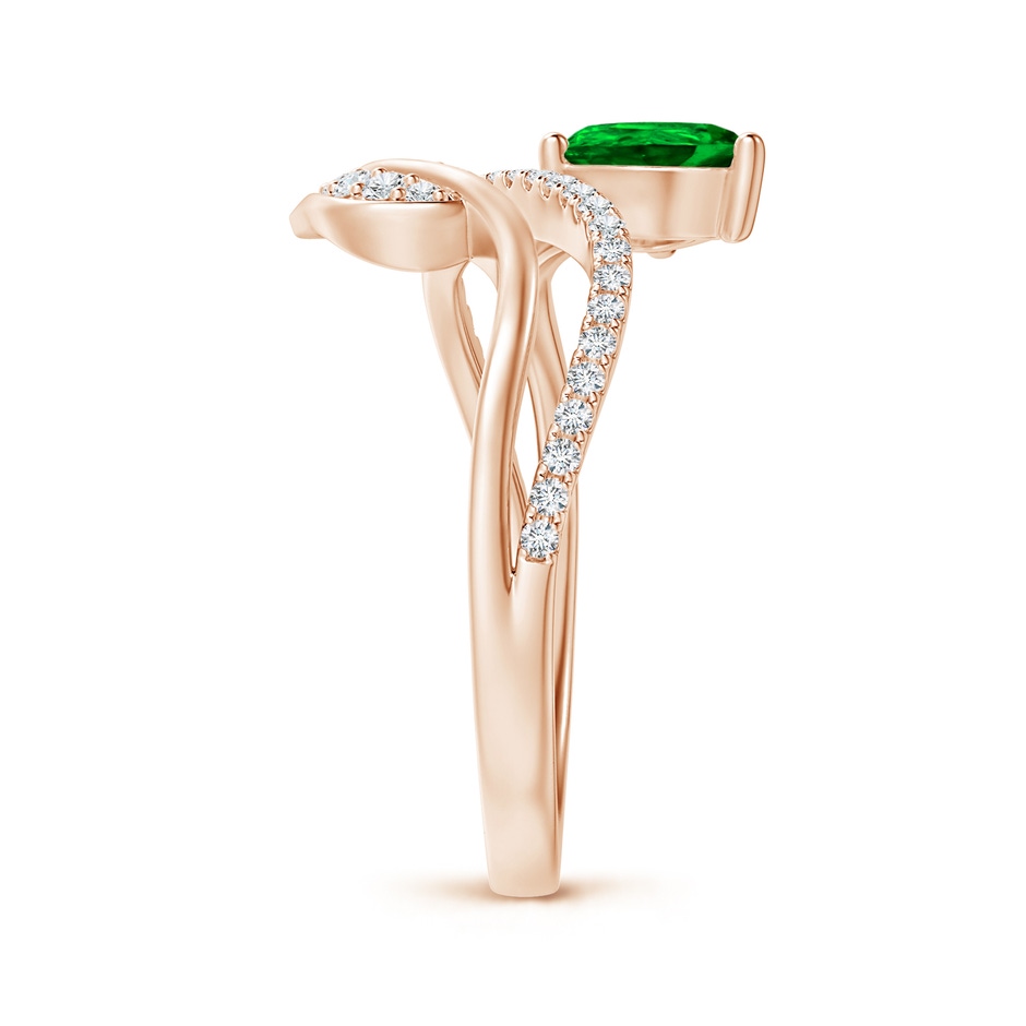 7x5mm AAAA Emerald and Diamond Bypass Ring with Leaf Motif in Rose Gold side-2