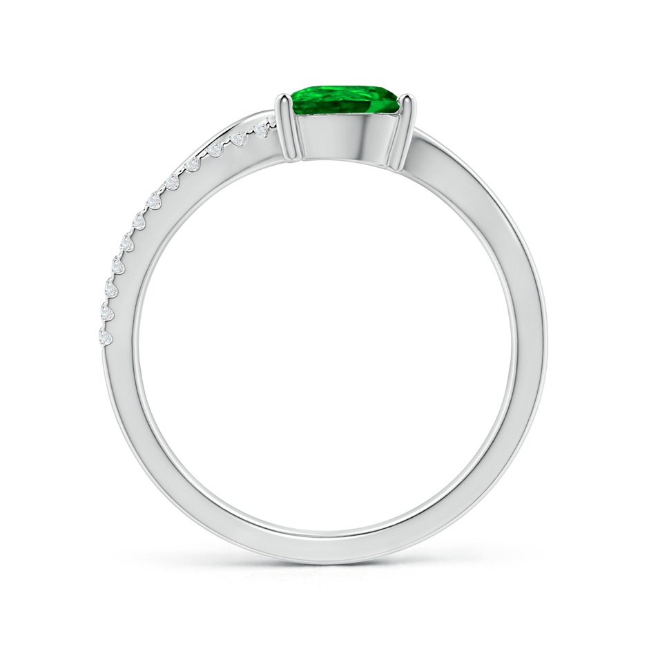 7x5mm AAAA Emerald and Diamond Bypass Ring with Leaf Motif in White Gold Side-1