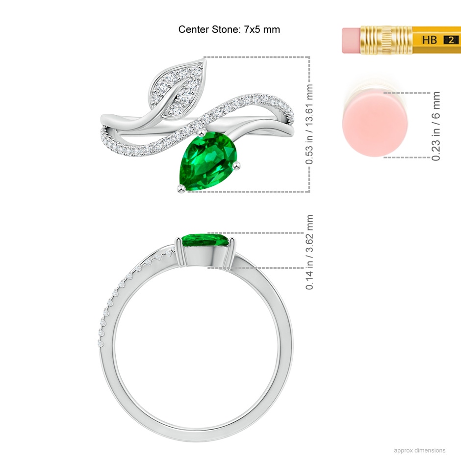 7x5mm AAAA Emerald and Diamond Bypass Ring with Leaf Motif in White Gold Ruler