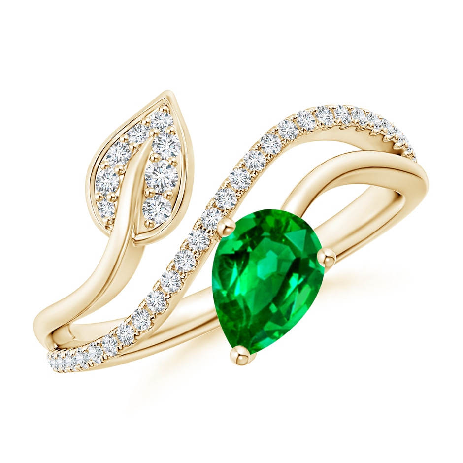 7x5mm AAAA Emerald and Diamond Bypass Ring with Leaf Motif in Yellow Gold 