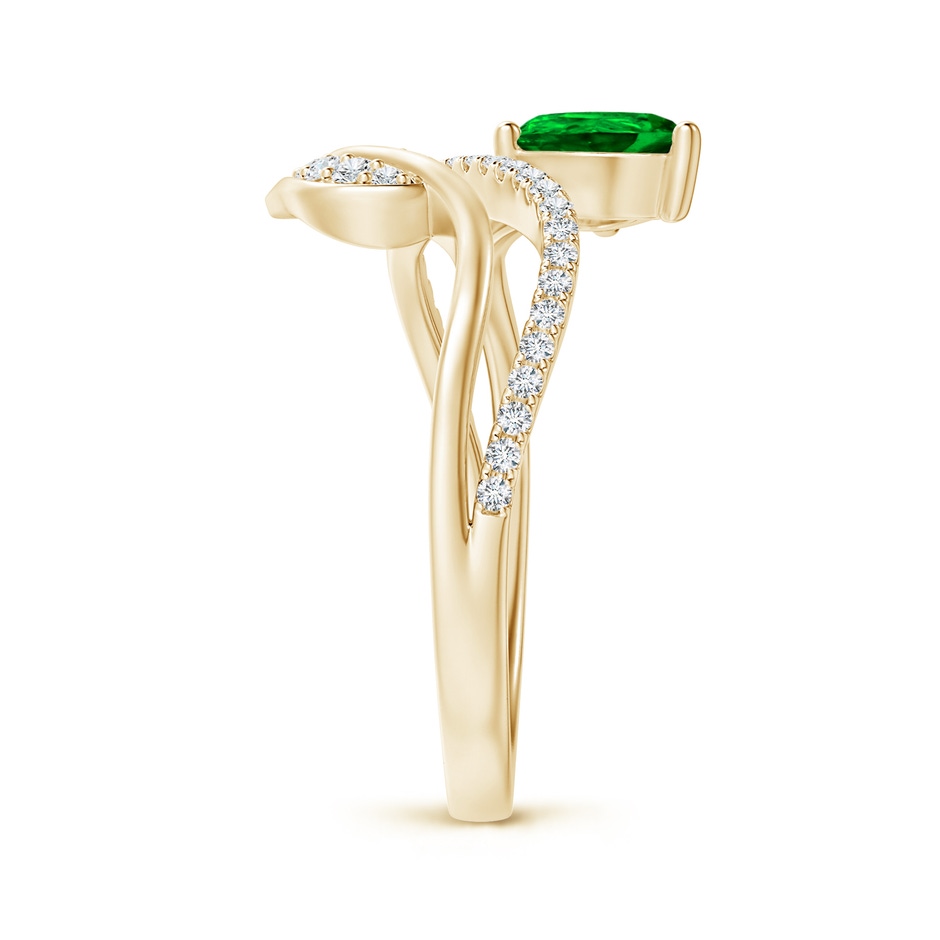 7x5mm AAAA Emerald and Diamond Bypass Ring with Leaf Motif in Yellow Gold side-2