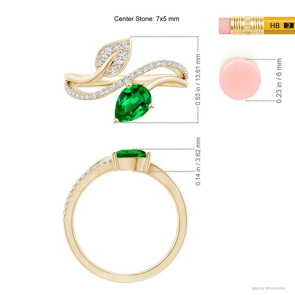 7x5mm AAAA Emerald and Diamond Bypass Ring with Leaf Motif in Yellow Gold ruler