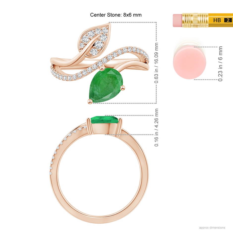 8x6mm A Emerald and Diamond Bypass Ring with Leaf Motif in Rose Gold Ruler