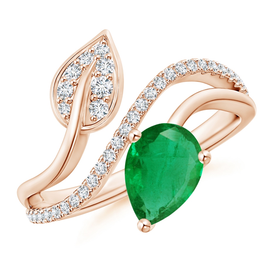 8x6mm AA Emerald and Diamond Bypass Ring with Leaf Motif in Rose Gold 