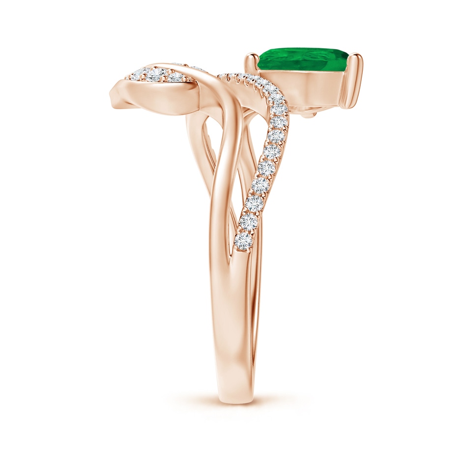 8x6mm AA Emerald and Diamond Bypass Ring with Leaf Motif in Rose Gold Side-2