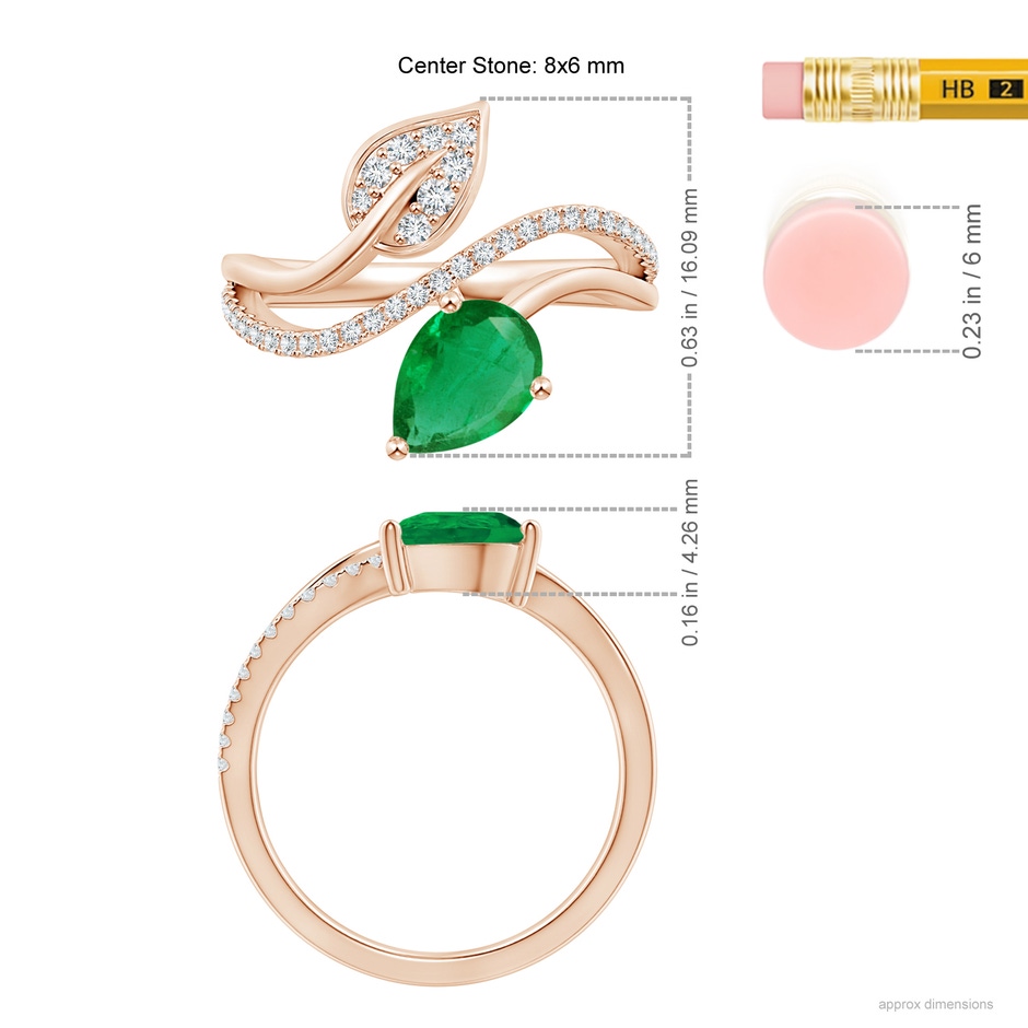 8x6mm AA Emerald and Diamond Bypass Ring with Leaf Motif in Rose Gold Ruler