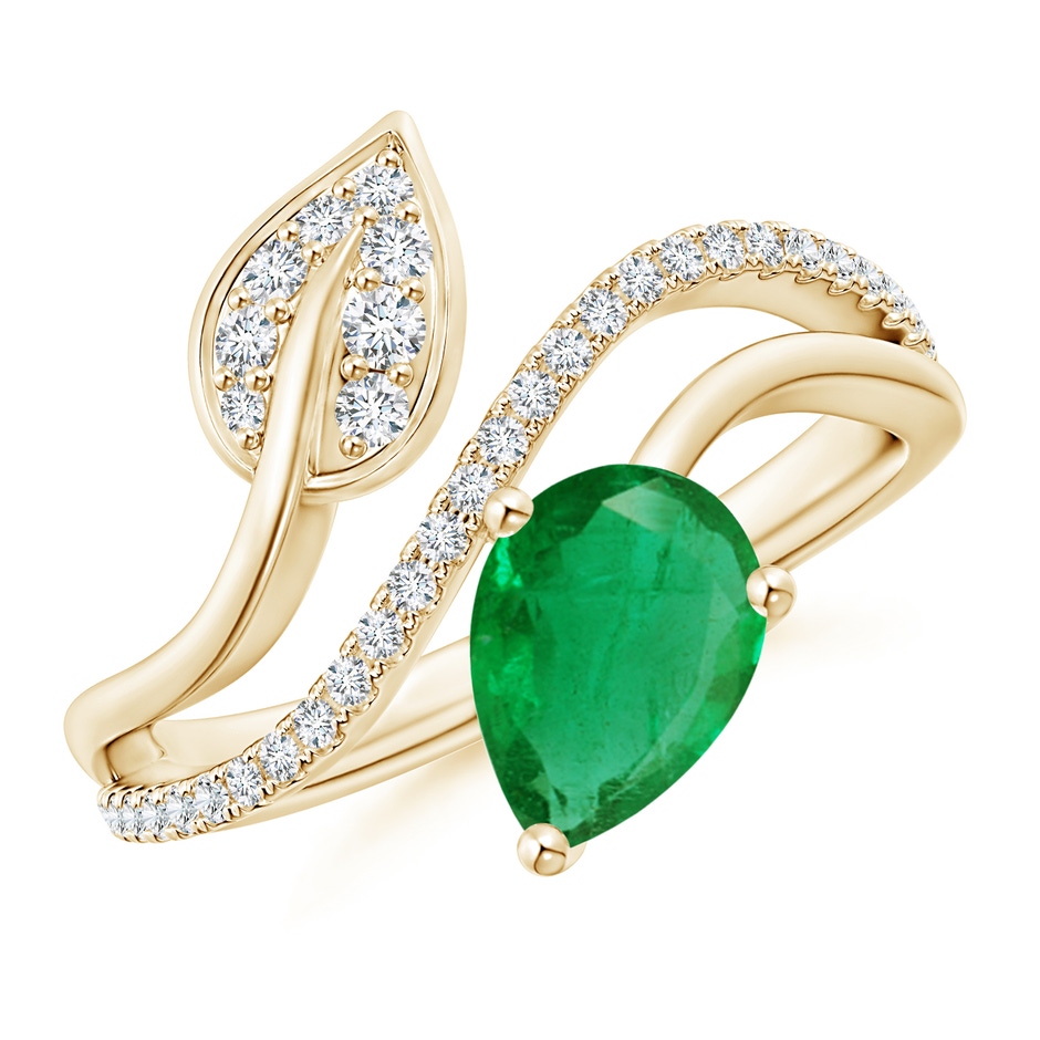 8x6mm AA Emerald and Diamond Bypass Ring with Leaf Motif in Yellow Gold 
