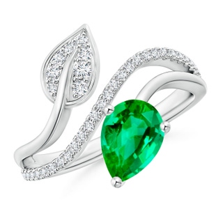 8x6mm AAA Emerald and Diamond Bypass Ring with Leaf Motif in White Gold
