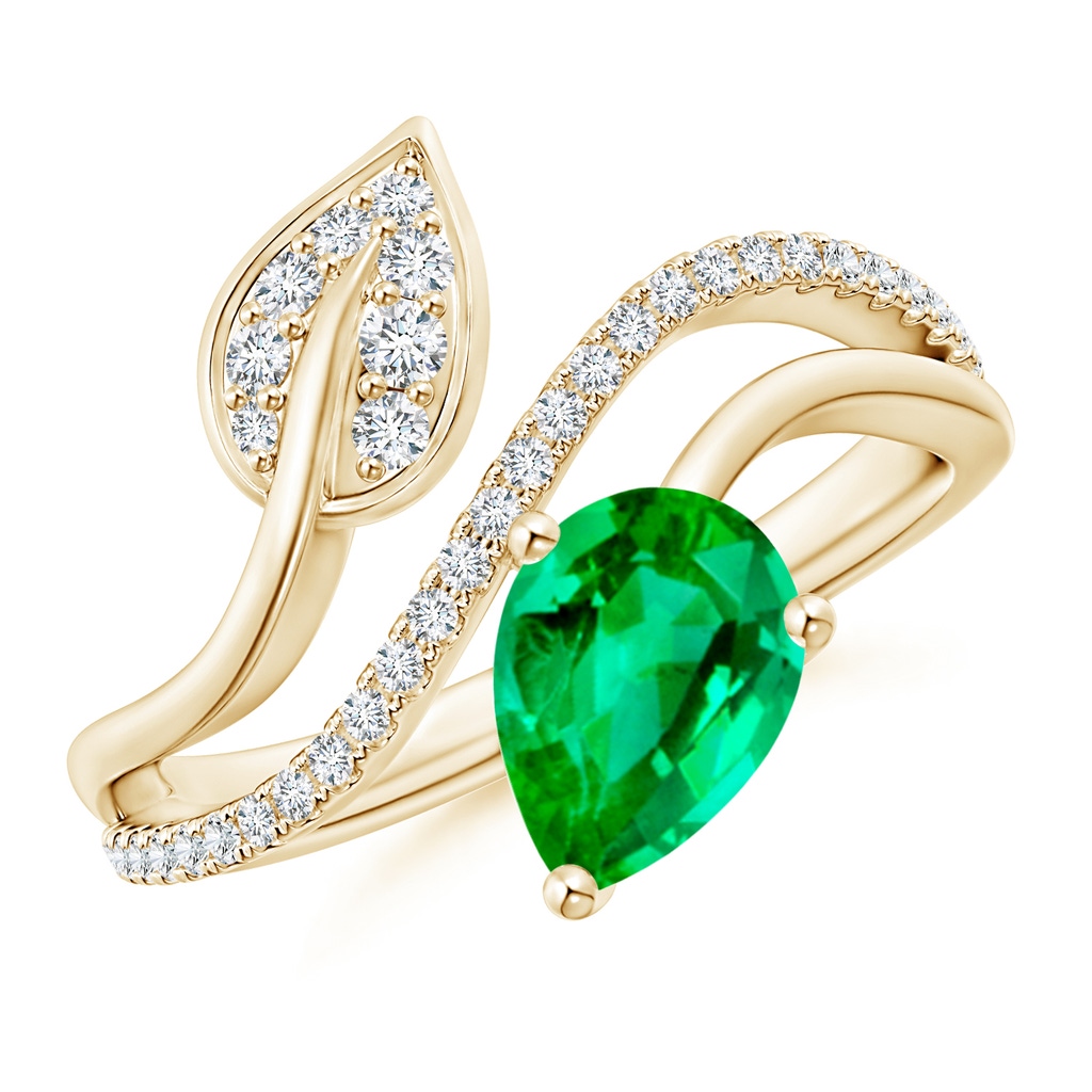 8x6mm AAA Emerald and Diamond Bypass Ring with Leaf Motif in Yellow Gold