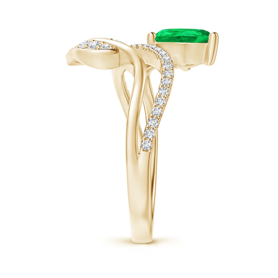 8x6mm AAA Emerald and Diamond Bypass Ring with Leaf Motif in Yellow Gold Side-2