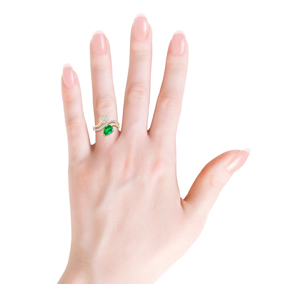 8x6mm AAA Emerald and Diamond Bypass Ring with Leaf Motif in Yellow Gold Body-Hand