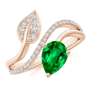 8x6mm AAAA Emerald and Diamond Bypass Ring with Leaf Motif in Rose Gold