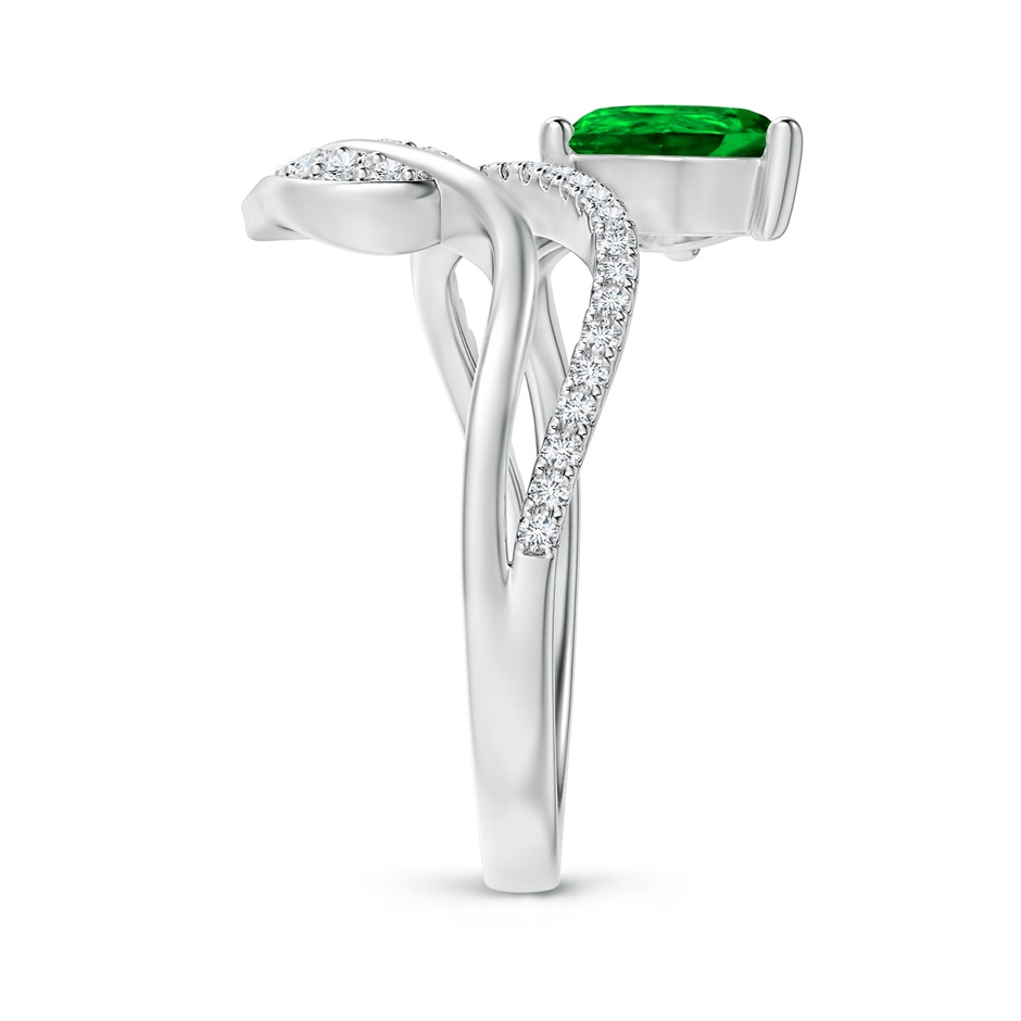 8x6mm AAAA Emerald and Diamond Bypass Ring with Leaf Motif in White Gold side-2