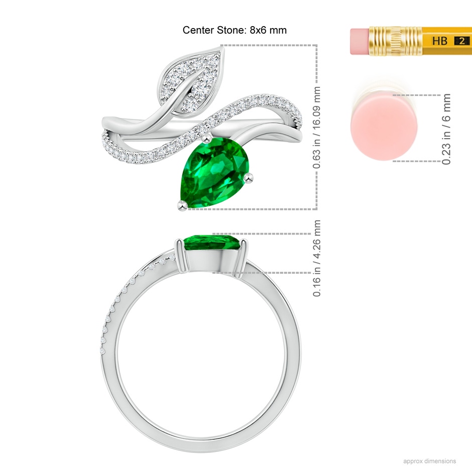 8x6mm AAAA Emerald and Diamond Bypass Ring with Leaf Motif in White Gold ruler
