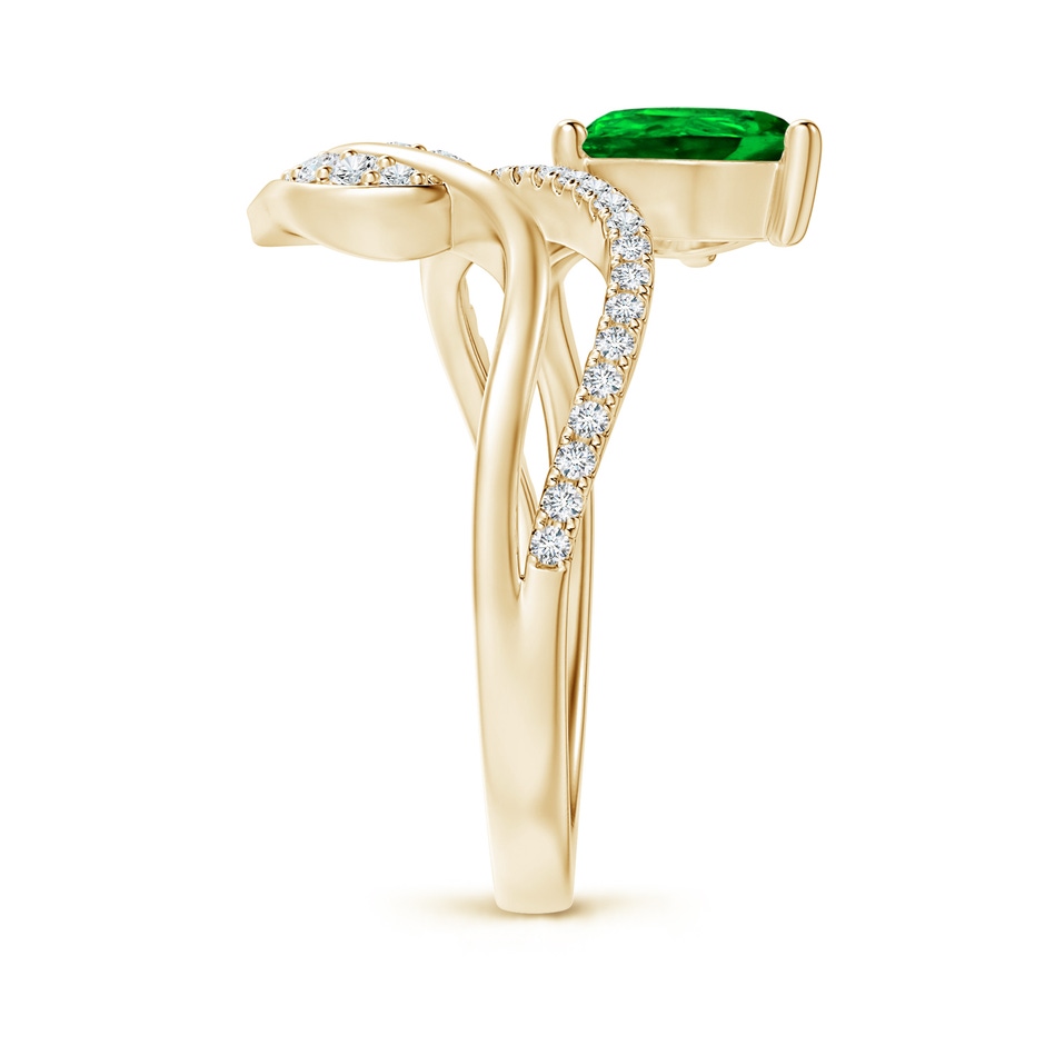 8x6mm AAAA Emerald and Diamond Bypass Ring with Leaf Motif in Yellow Gold side-2