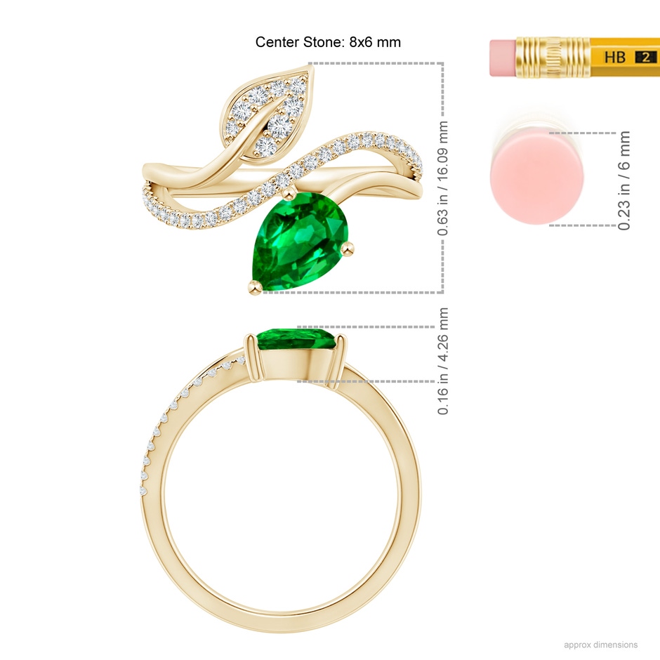 8x6mm AAAA Emerald and Diamond Bypass Ring with Leaf Motif in Yellow Gold ruler