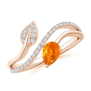 6x4mm AA Fire Opal and Diamond Bypass Ring with Leaf Motif in Rose Gold