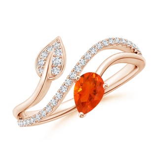 6x4mm AAA Fire Opal and Diamond Bypass Ring with Leaf Motif in Rose Gold