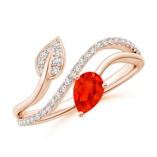 6x4mm AAAA Fire Opal and Diamond Bypass Ring with Leaf Motif in Rose Gold