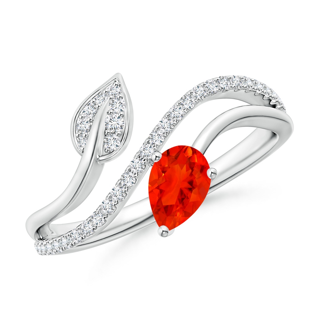 6x4mm AAAA Fire Opal and Diamond Bypass Ring with Leaf Motif in White Gold
