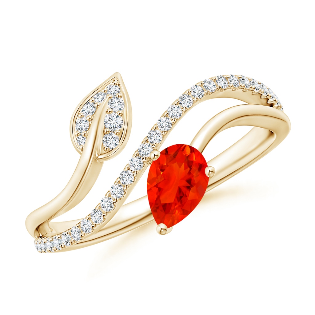 6x4mm AAAA Fire Opal and Diamond Bypass Ring with Leaf Motif in Yellow Gold