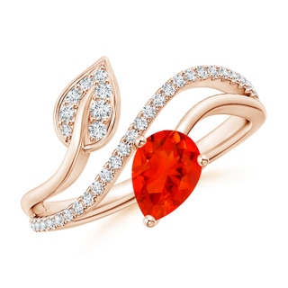 7x5mm AAAA Fire Opal and Diamond Bypass Ring with Leaf Motif in Rose Gold