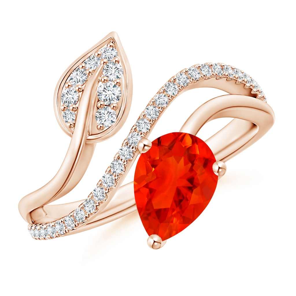 8x6mm AAAA Fire Opal and Diamond Bypass Ring with Leaf Motif in Rose Gold