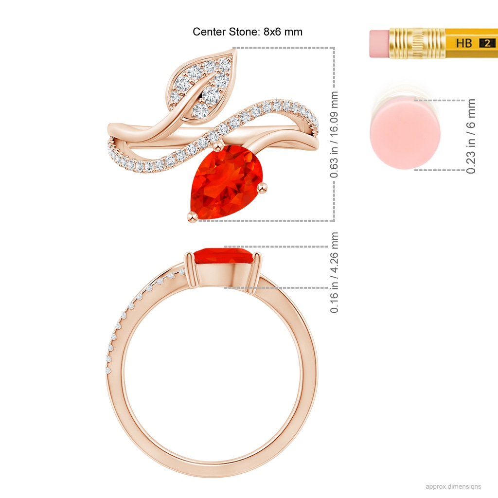 8x6mm AAAA Fire Opal and Diamond Bypass Ring with Leaf Motif in Rose Gold Ruler