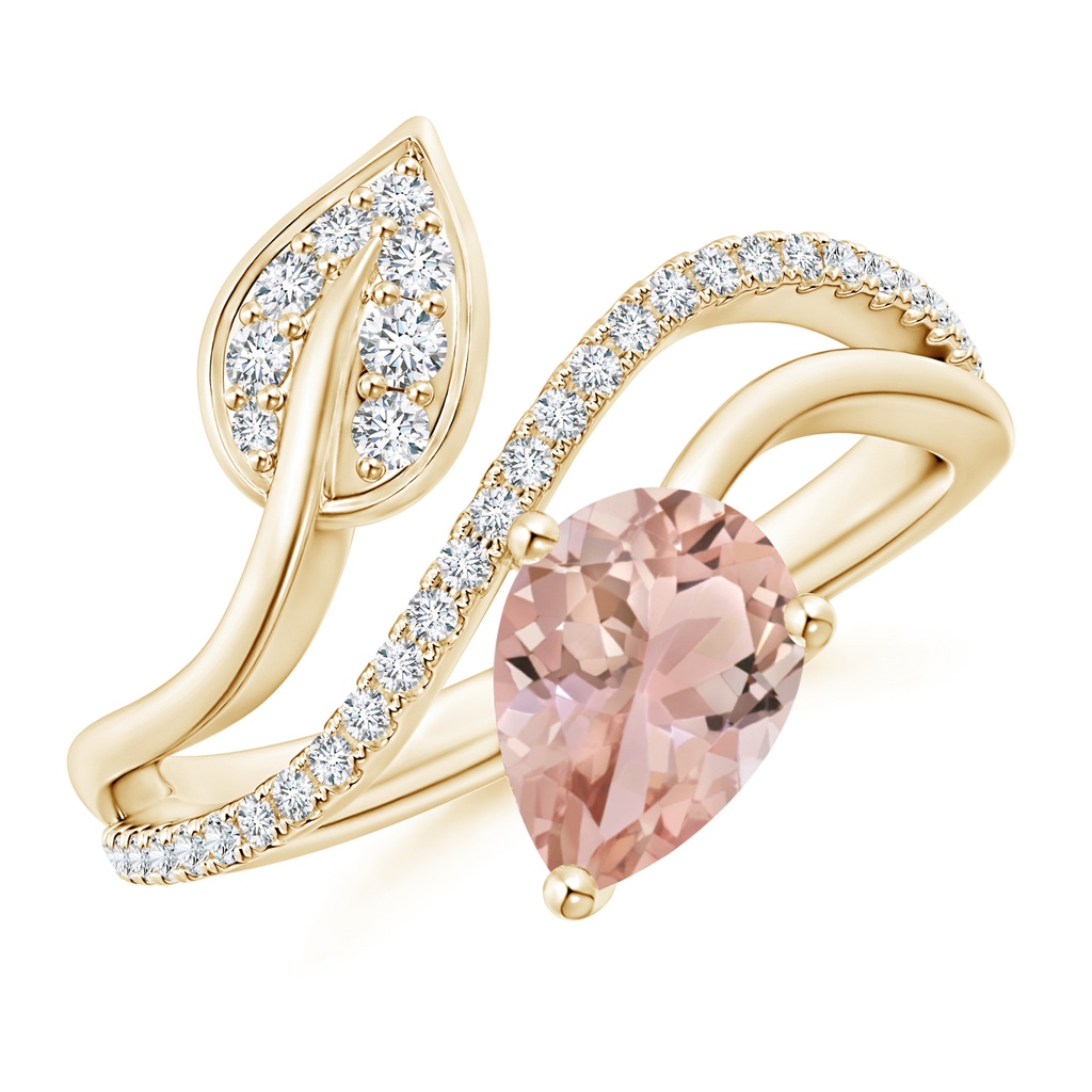 8x6mm AAA Morganite and Diamond Bypass Ring with Leaf Motif in Yellow Gold