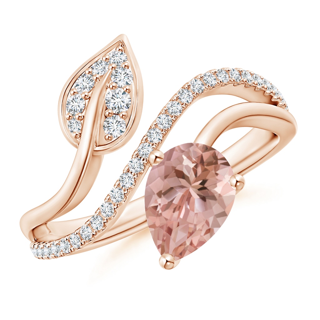 8x6mm AAAA Morganite and Diamond Bypass Ring with Leaf Motif in Rose Gold