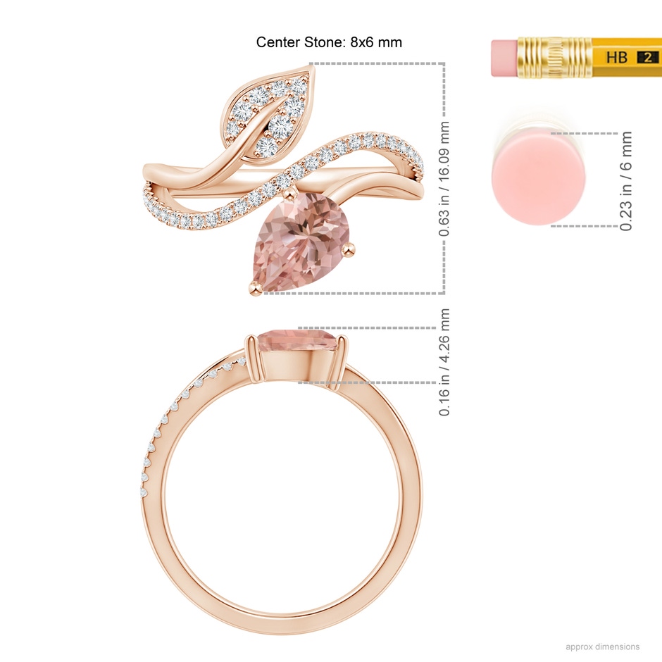 8x6mm AAAA Morganite and Diamond Bypass Ring with Leaf Motif in Rose Gold ruler