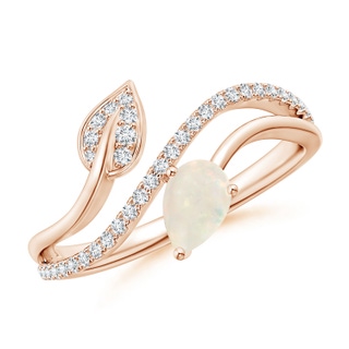 6x4mm A Opal and Diamond Bypass Ring with Leaf Motif in Rose Gold