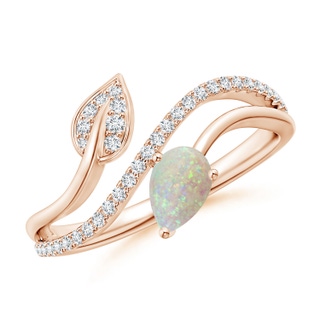 6x4mm AAA Opal and Diamond Bypass Ring with Leaf Motif in Rose Gold