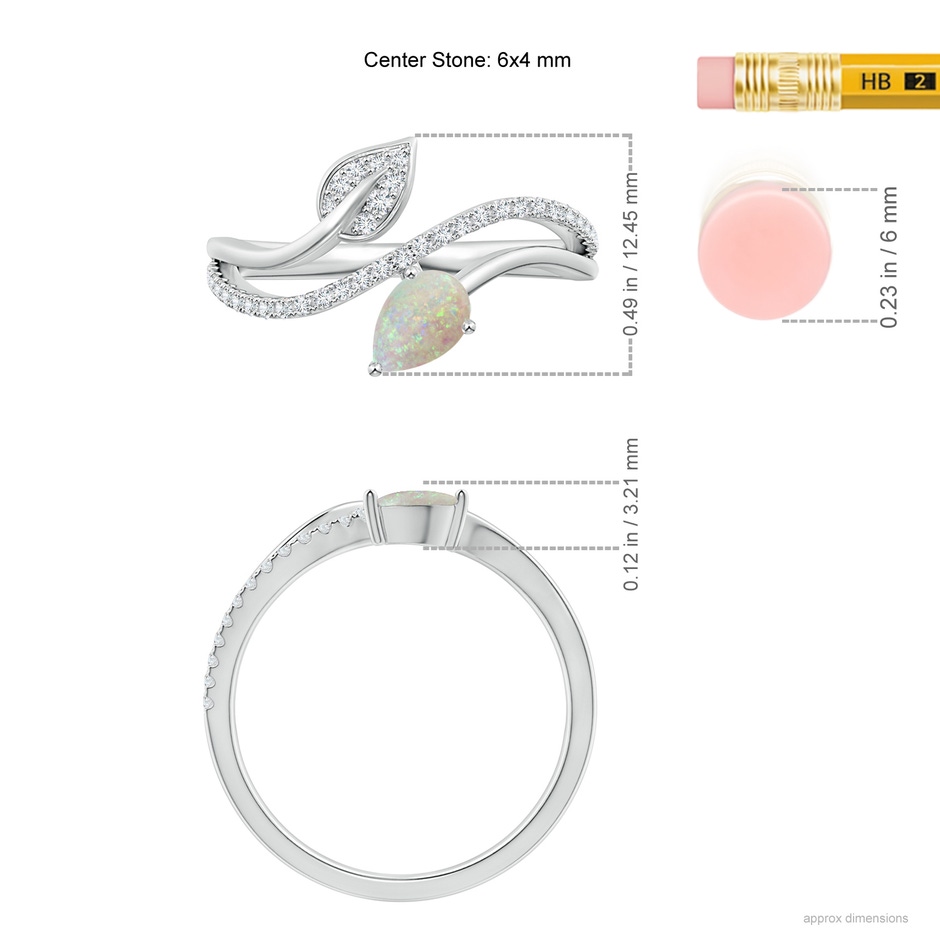 6x4mm AAA Opal and Diamond Bypass Ring with Leaf Motif in White Gold ruler