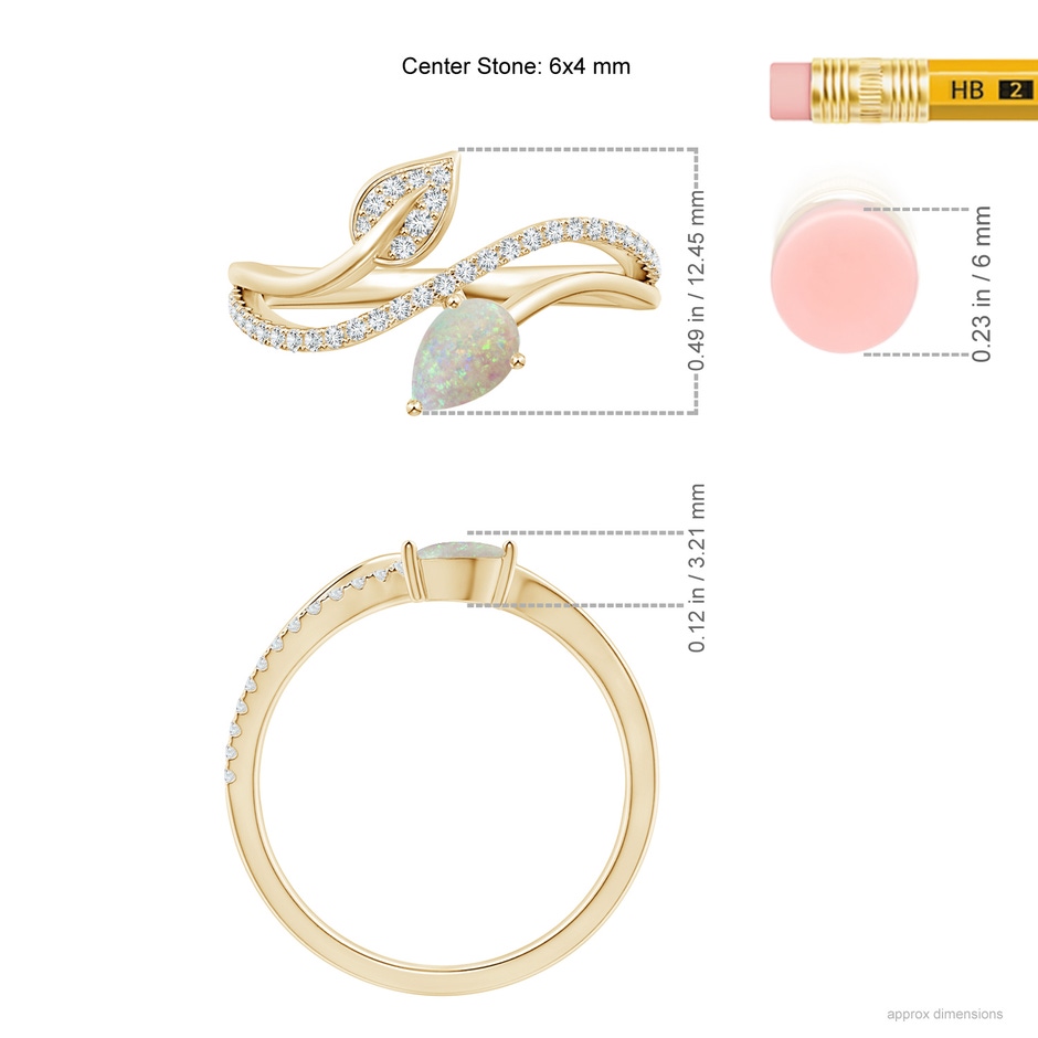 6x4mm AAA Opal and Diamond Bypass Ring with Leaf Motif in Yellow Gold ruler